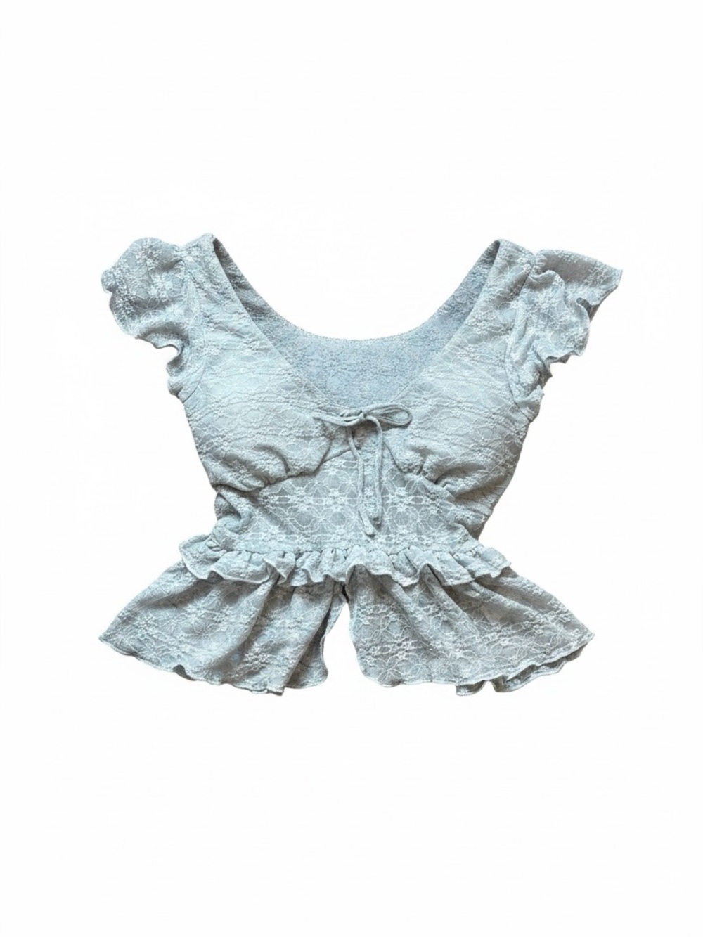 Romantic Gray Lace Babydoll Top Ruffles Tie Front Fairycore Angelcore Coquette